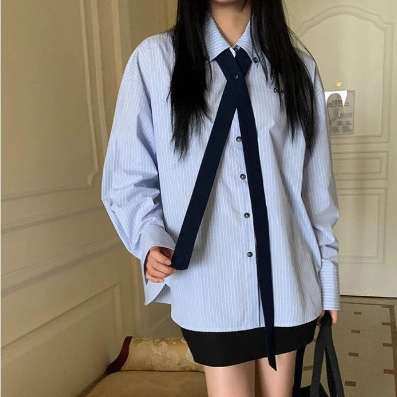 Blue Striped Long Sleeve Letter Embroidery Shirt