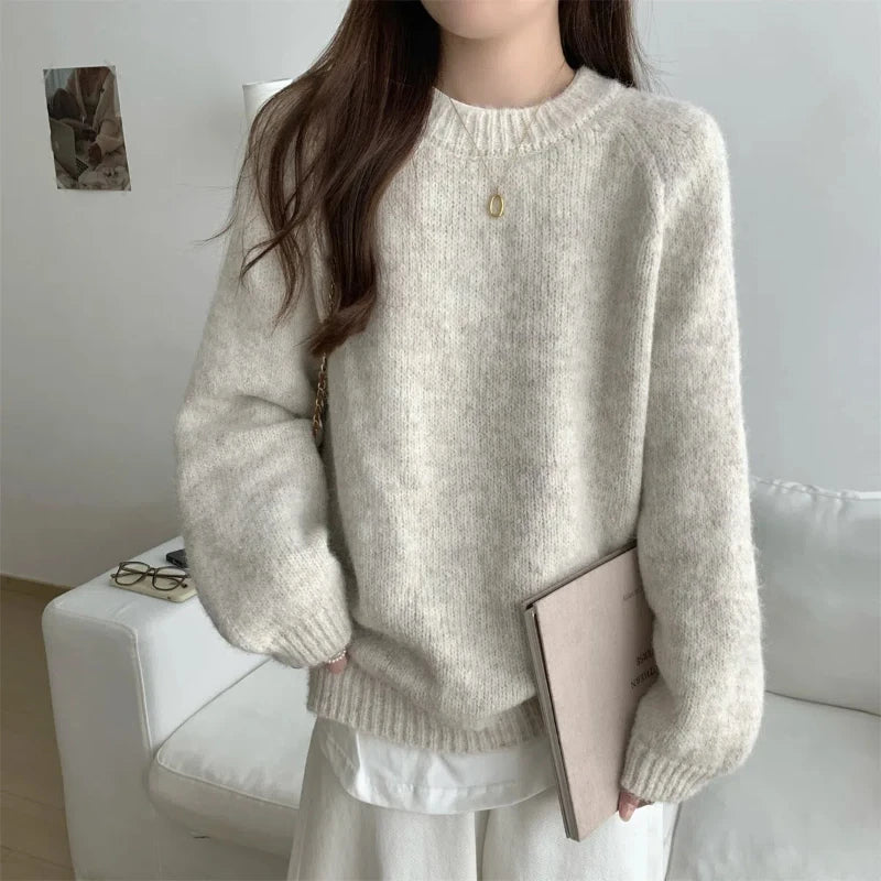 Solid O-Neck Loose Sweater – Long Sleeve Knit