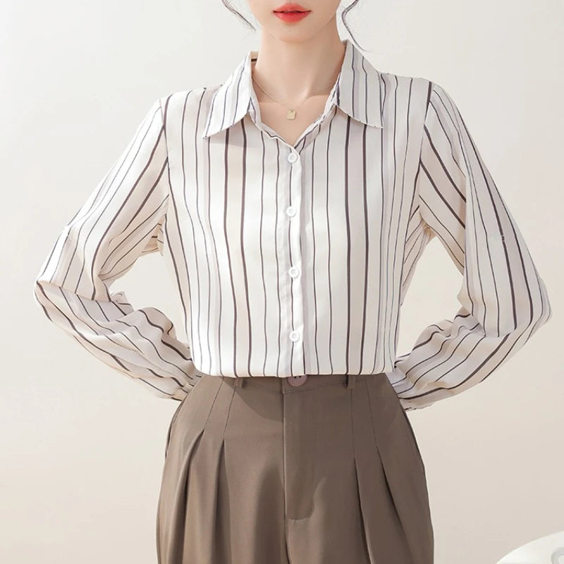 Striped Slim Long Sleeve Blouse – Elegant Fit