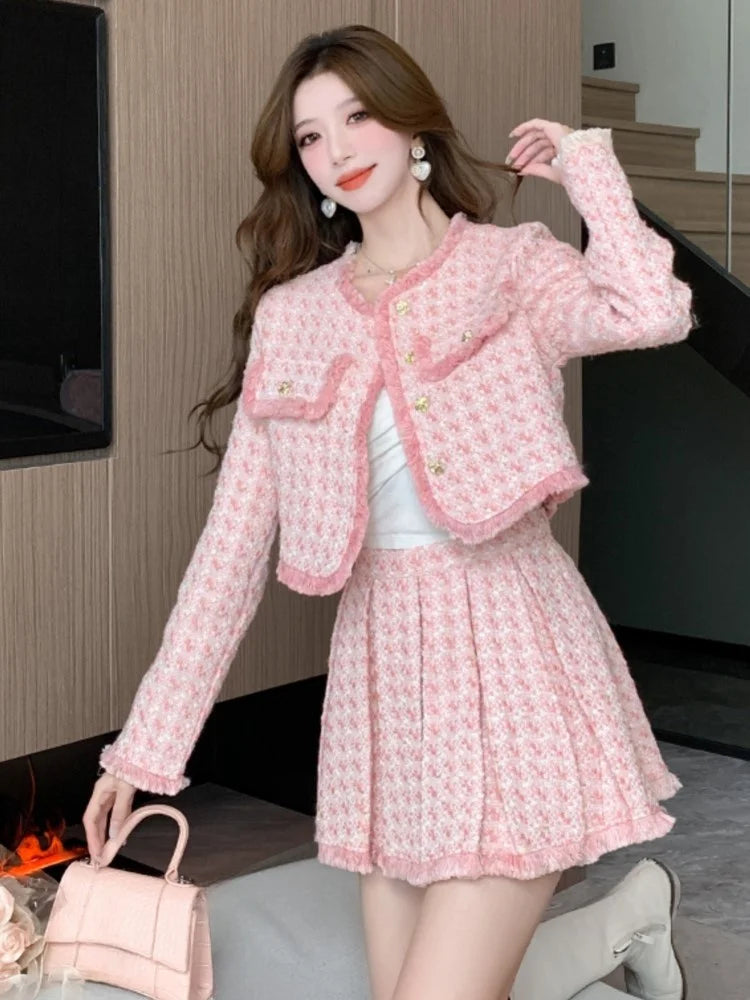Tweed Jacket Mini Skirt Set – Autumn Winter Tassel Detail