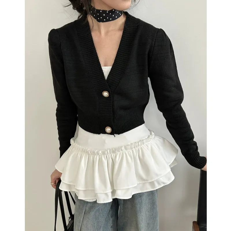 Lantern Sleeve Cardigan – Button V-Neck Knit Top