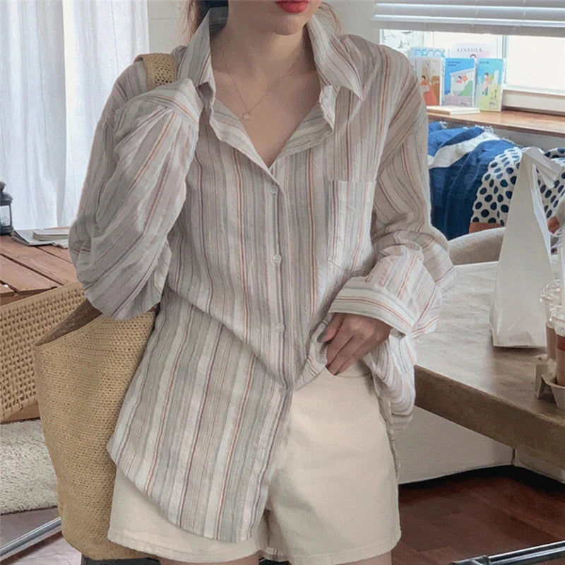 Vintage Striped Shirt – Long Sleeve Turn-Down Collar