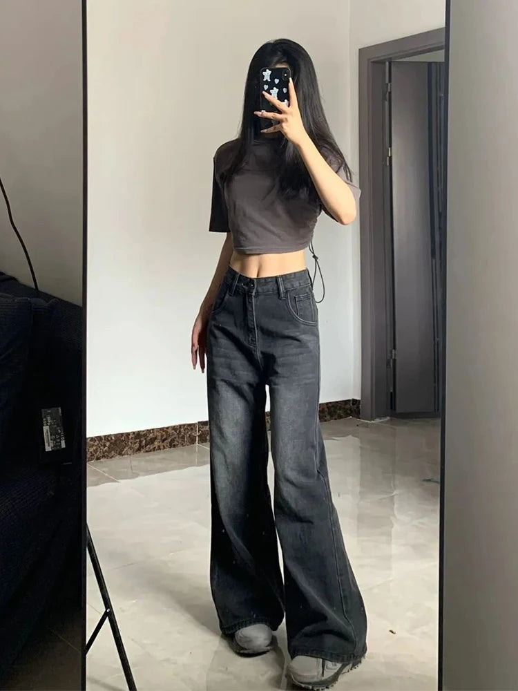 High Waist Slimming Pear-Shaped Loose Straight Bell Bottoms – Black/Gray Denim Trousers