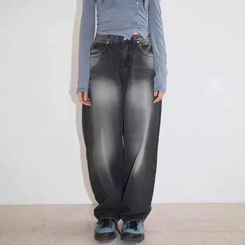 Retro Back Pocket High Waist Denim Pants – Casual Loose Fit