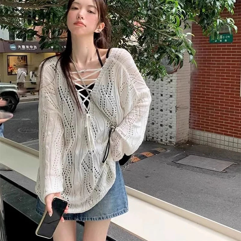 Summer Oversized Pullover – Long Sleeve Thin Knit Top
