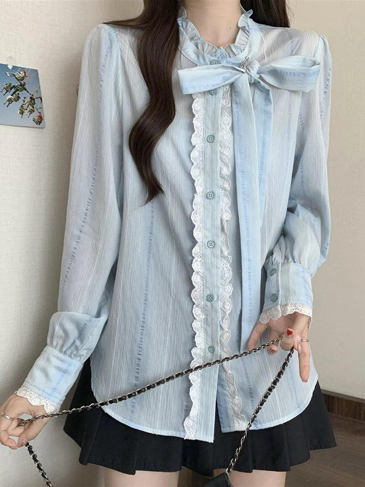 Lace Ruffle Shirt – Long Sleeve Bow Blouse