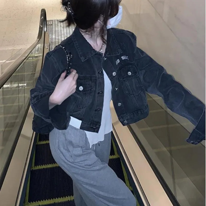 Black Denim Crop Jacket – Button-Down Street Casual