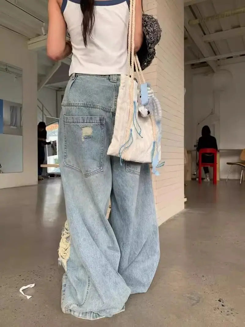 Oversize Vintage Ripped Wide-Leg Jeans – Casual Baggy Denim Pants