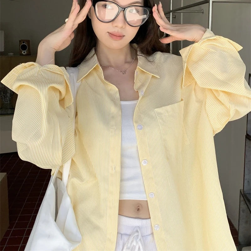Butter Yellow Striped Shirt – Long Sleeve Loose Fit
