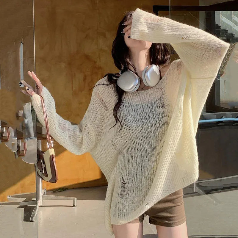Hollow-Out Loose Knit Sweater – Off-Shoulder