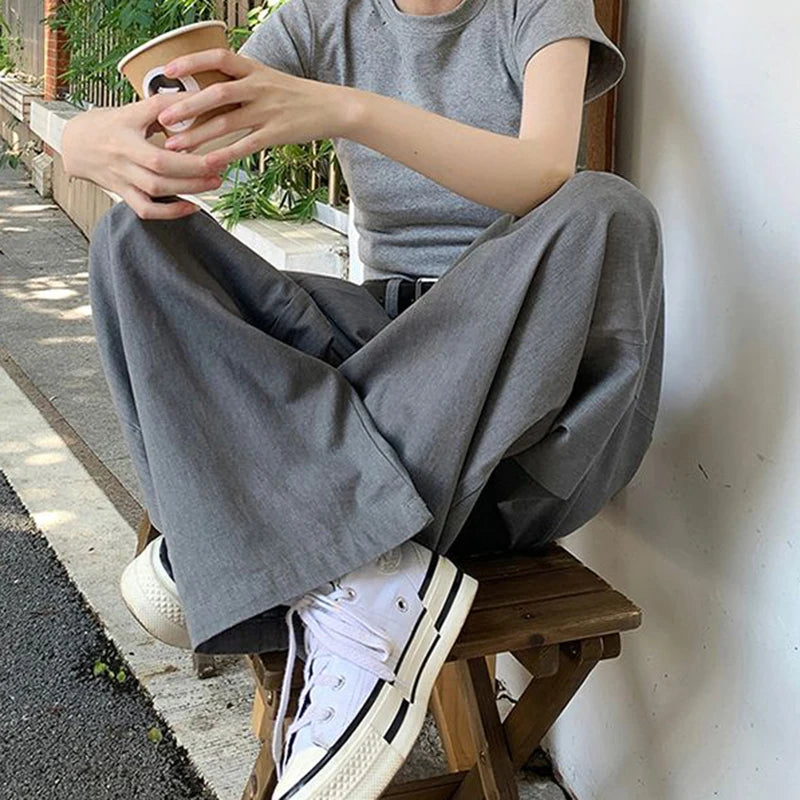 Streetwear Wide Leg Baggy Jeans – High Waist Loose Gray Trousers