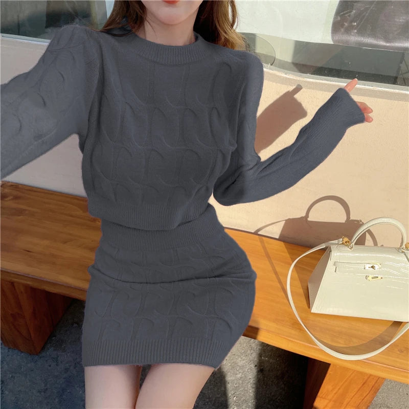 Knitted Two-Piece Set – O Neck Sweater Crop Top + Mini Skirt