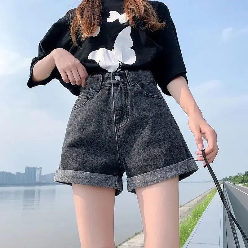 Wide Leg Denim Shorts – High Waist with Pocket Design