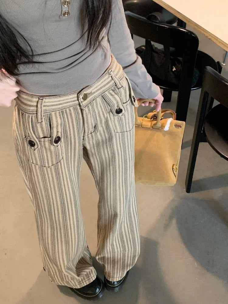 Khaki Slim Flare Jeans – High Waist Casual Pants for Women