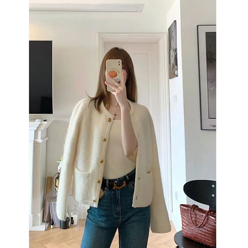 White Knit Coat – Single-Breasted Round Collar Jacket
