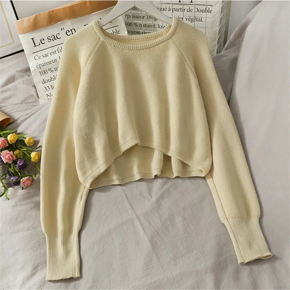 Cropped O-Neck Knit Top – Loose Fit